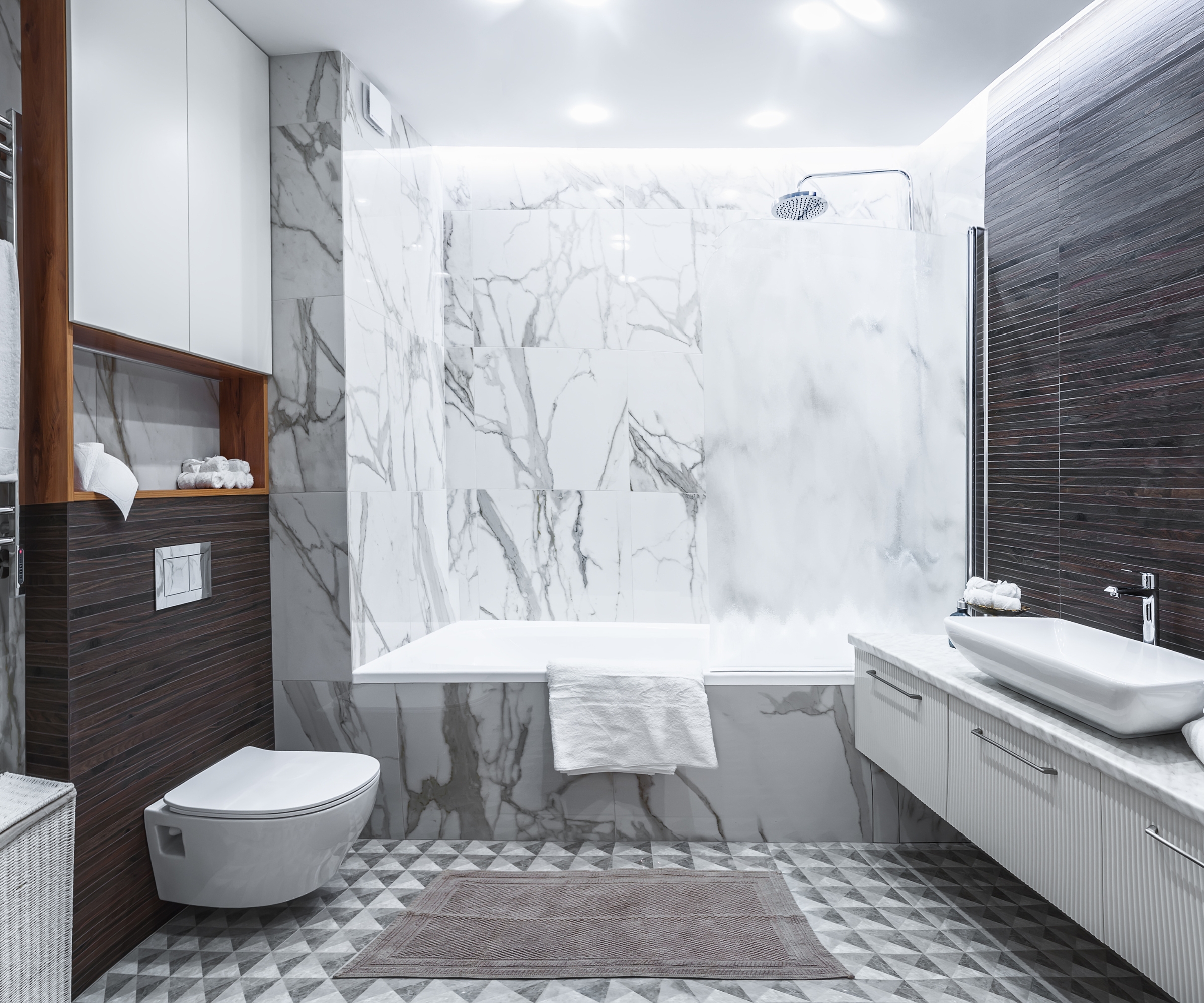 Home design, bathroom in modern scandinavian style in natural gray tones with shower and extractor fan