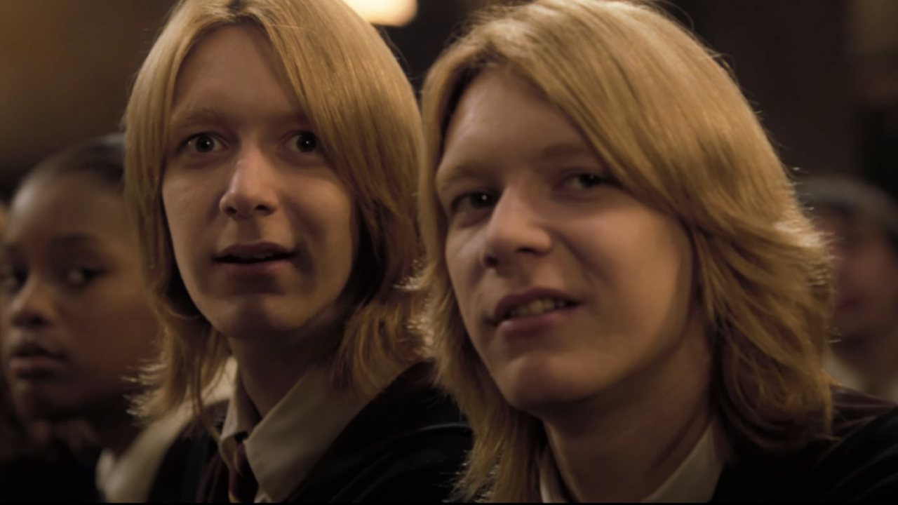 James and Oliver Phelps as Fred and George Weasley in Harry Potter and the Goblet of Fire.
