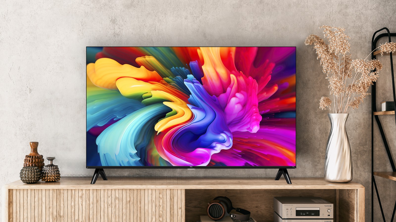 SF560K TV on a beige wooden stand.
