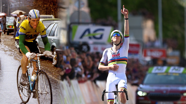 A composite image of Tadej Pogačar winning the 2025 Liège-Bastogne-Liège and Sean Kelly