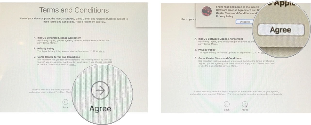 Set up your new Mac by showing: Agree to terms and conditions, then agree again