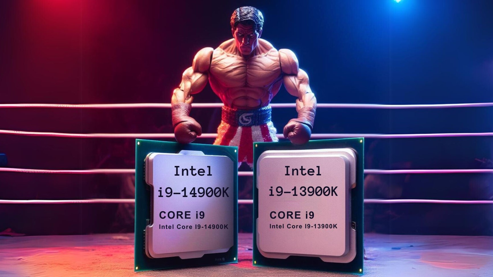 Generated with AI: Image of i9-14900K vs i9-13900K fighting in a ring.