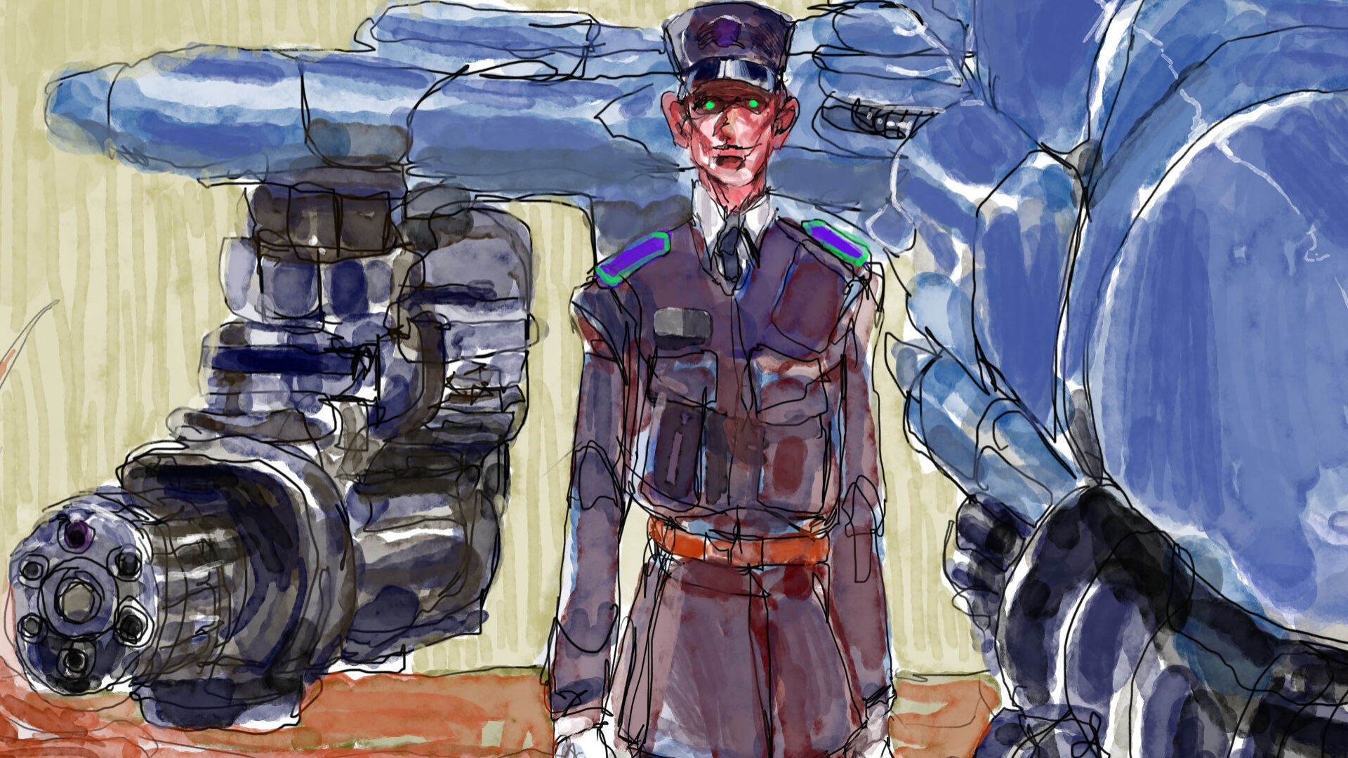Psycho Patrol R concept/key art showing a gendarme in front of a machine gun-mounted mech
