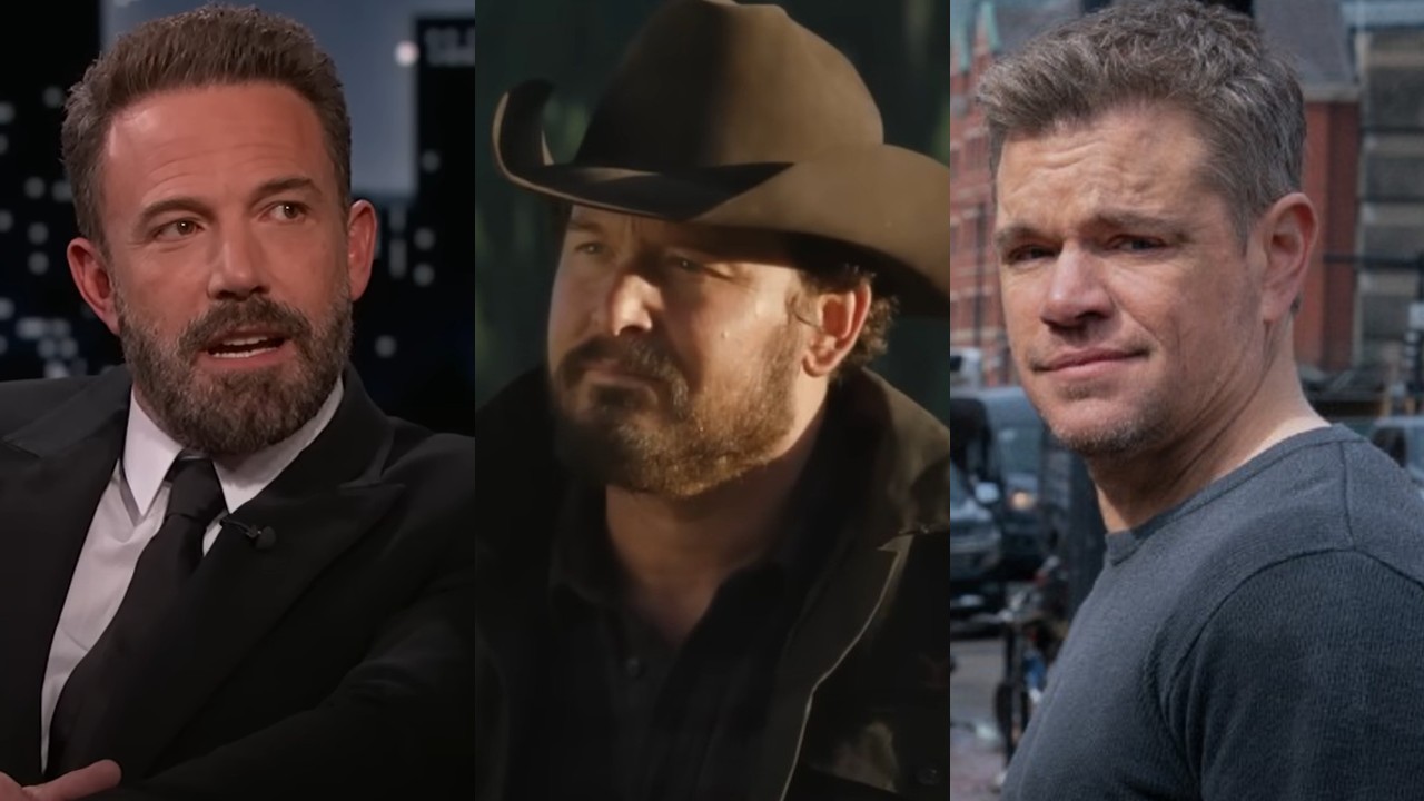 From left to right: Ben Affleck on Jimmy Kimmel's talk show, Cole Hauser as Rip on Yellowstone and Matt Damon looking over his shoulder in The Instigators.