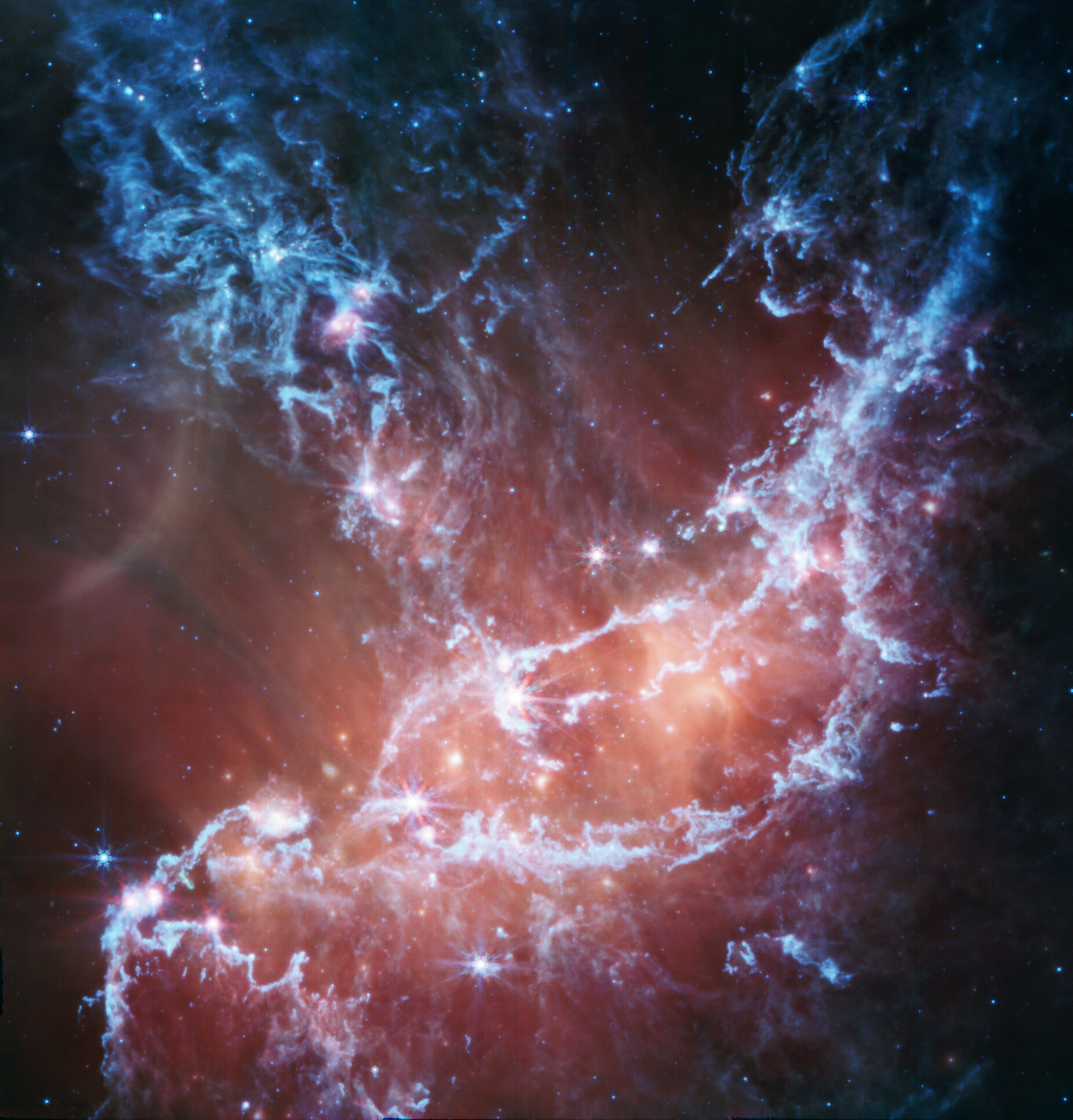 A full view of the header image with cloud-like shapes of blue and red hues.