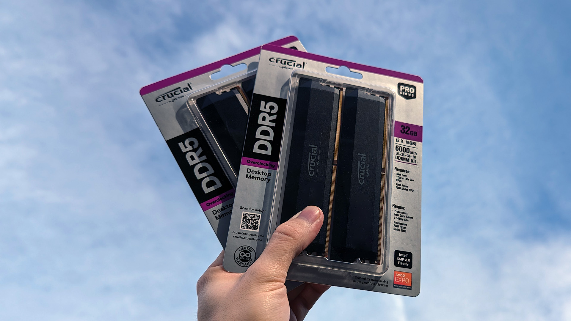 Crucial Pro Series Overclocking desktop memory in front of blue skies