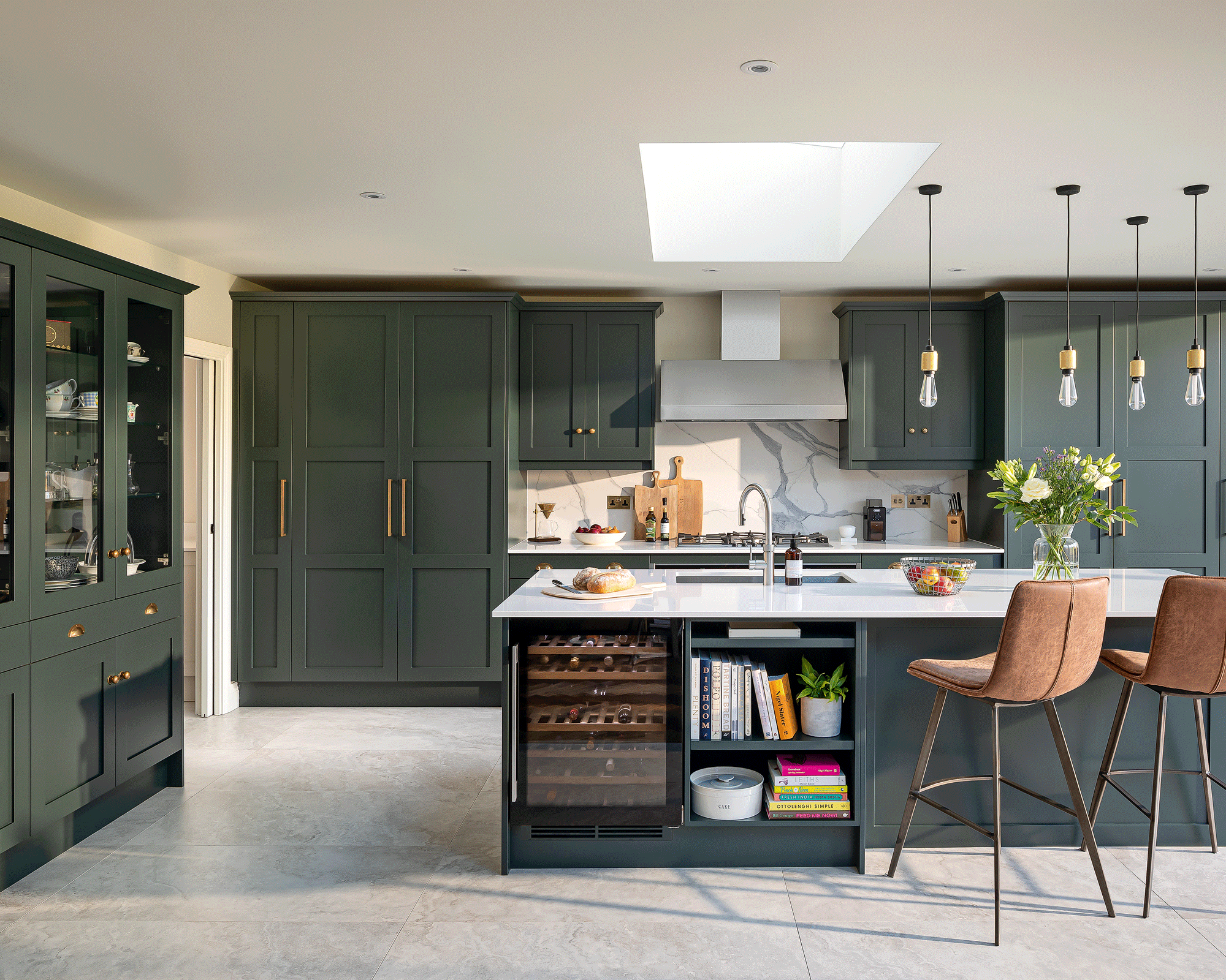 Dark kitchen with open shelving island