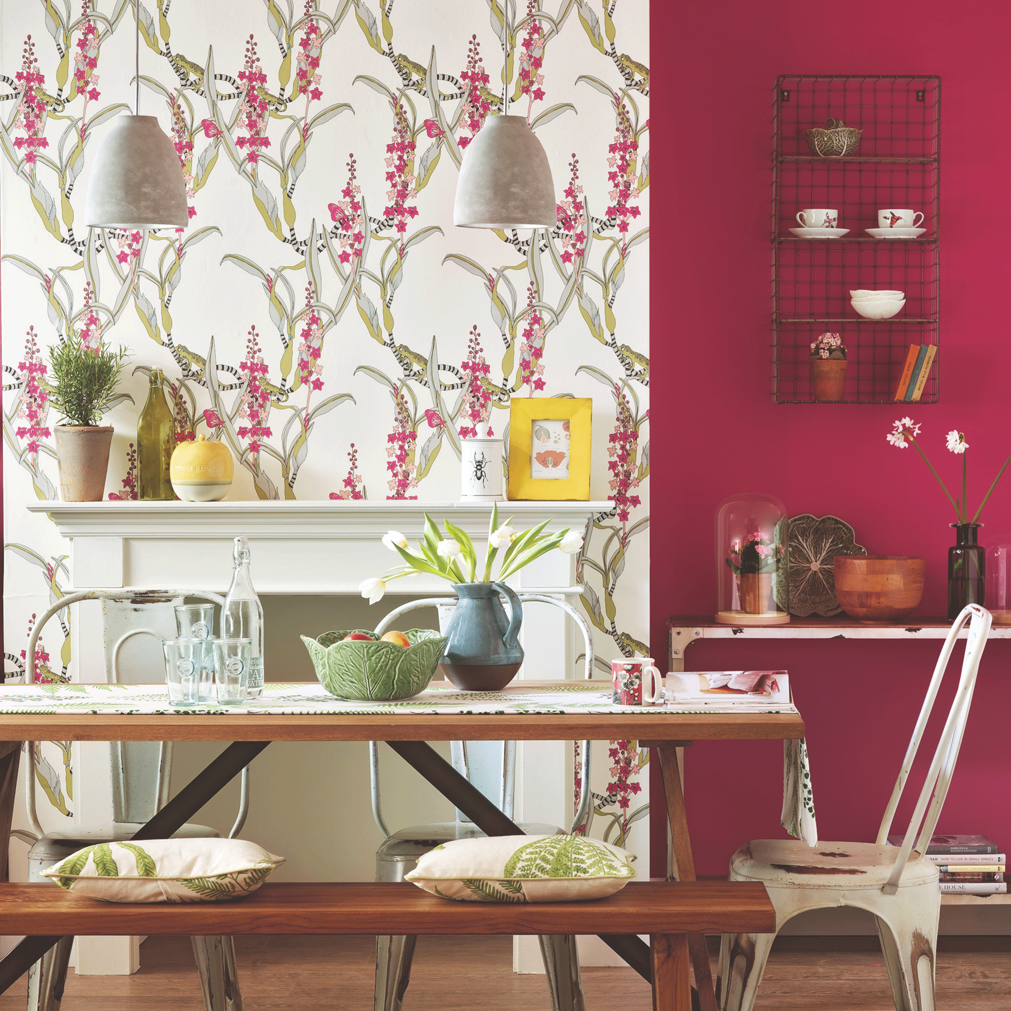 Pink wall with wallpaper