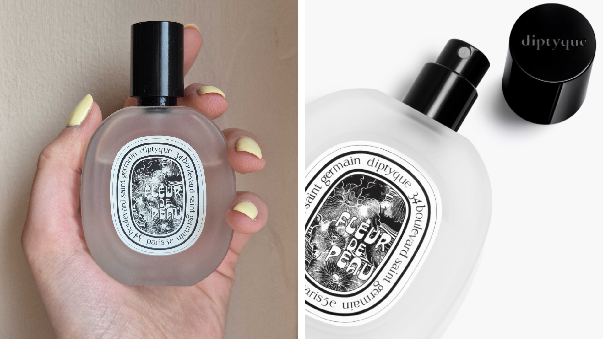 On the left, a close-up of a Digital Beauty Writer, Naomi Jamieson's hand (which features a yellow manicure), holding a bottle of the Diptyque Fleur de Peau hair mist and on the right, a product shot of the hair mist, seen lying down on a grey-white background