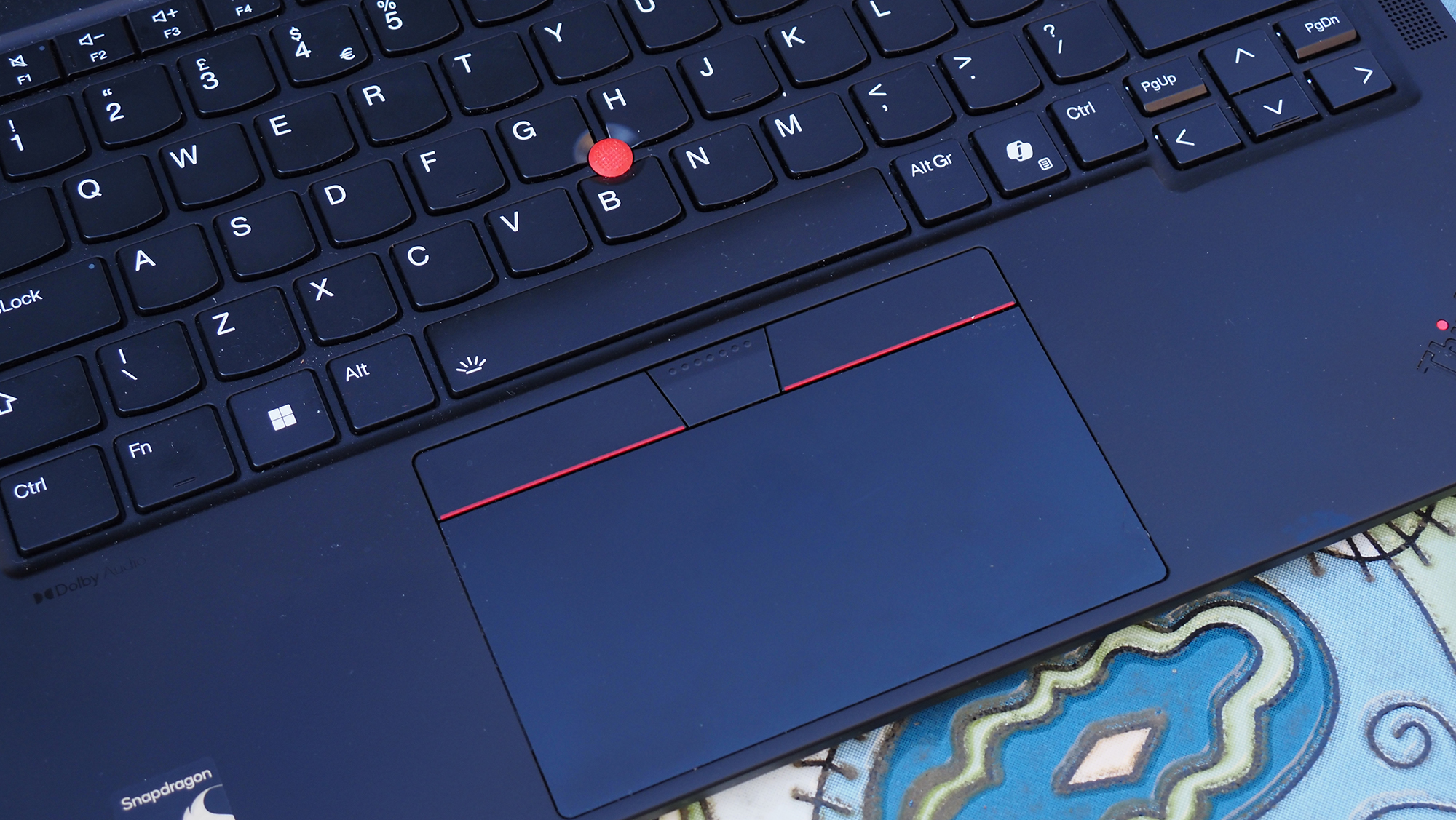 A Lenovo Thinkpad T14s Gen 6 laptop on a colourful table