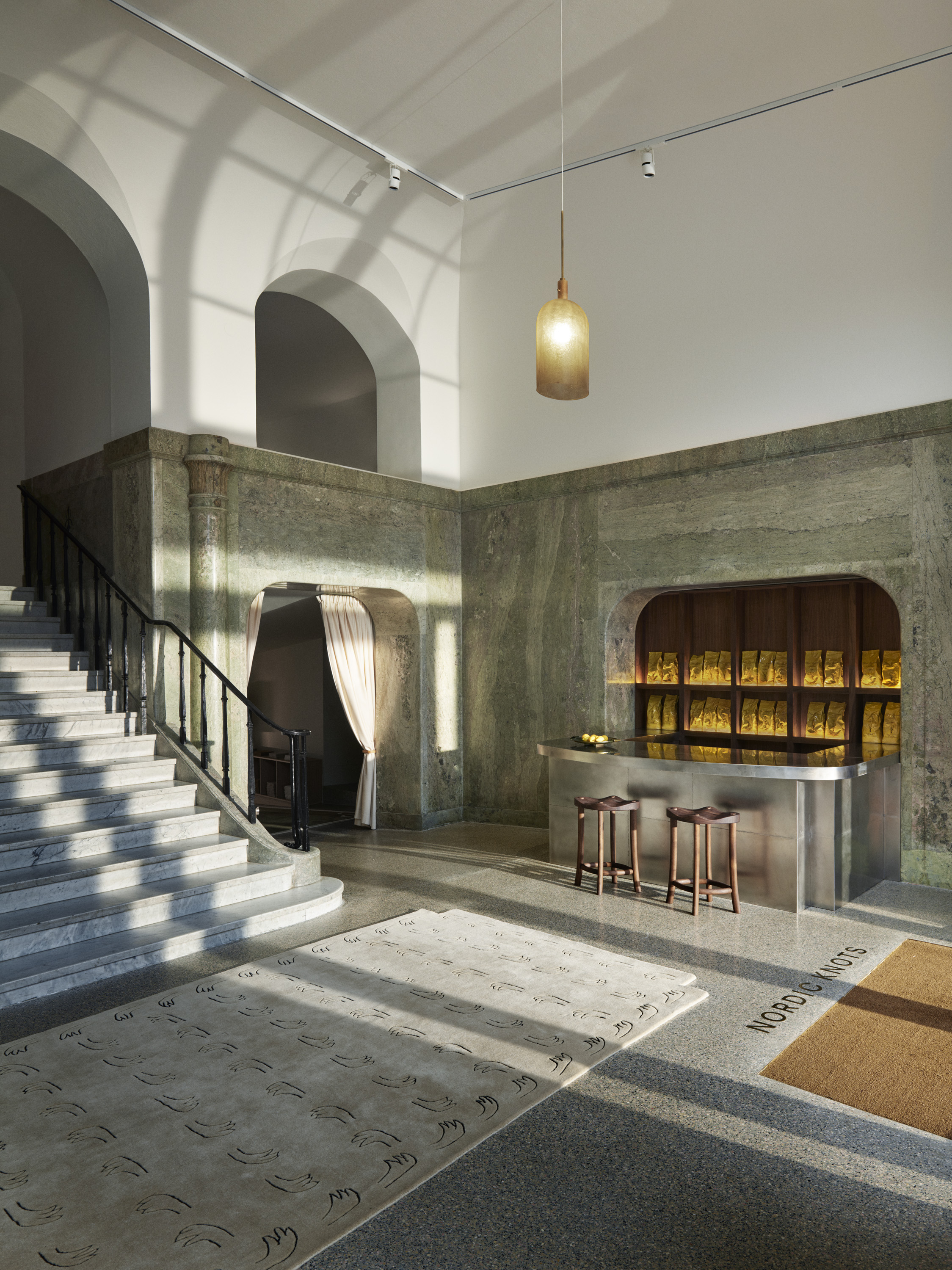 Coffee bar in Nordic Knots Stockholm Showroom in a formed theatre