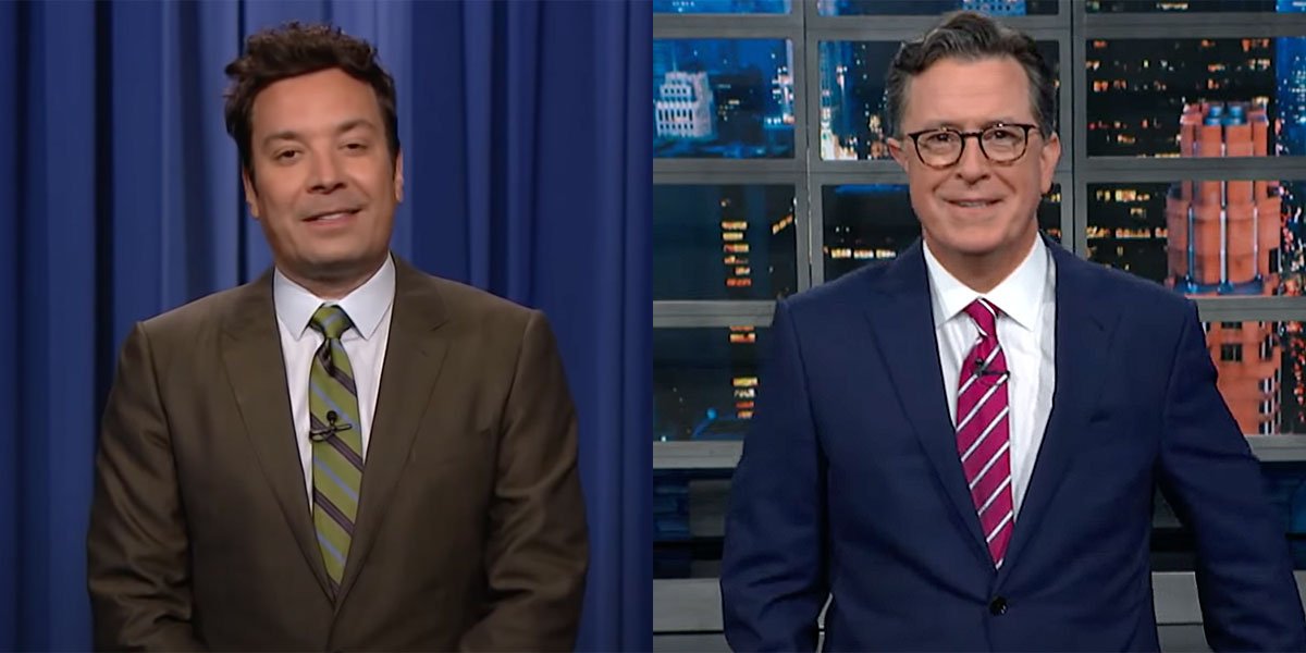 Jimmy Fallon and Stephen Colbert hosting The Tonight Show and The Late Show, respectively, to live audiences