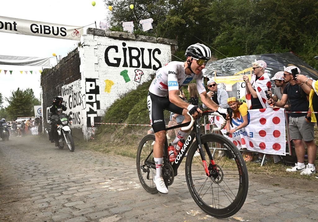 Tadej Pogačar races the Wallers à Hélesmes &#039;Pont Gibus&#039; sector during stage 5 of the 2022 Tour de France