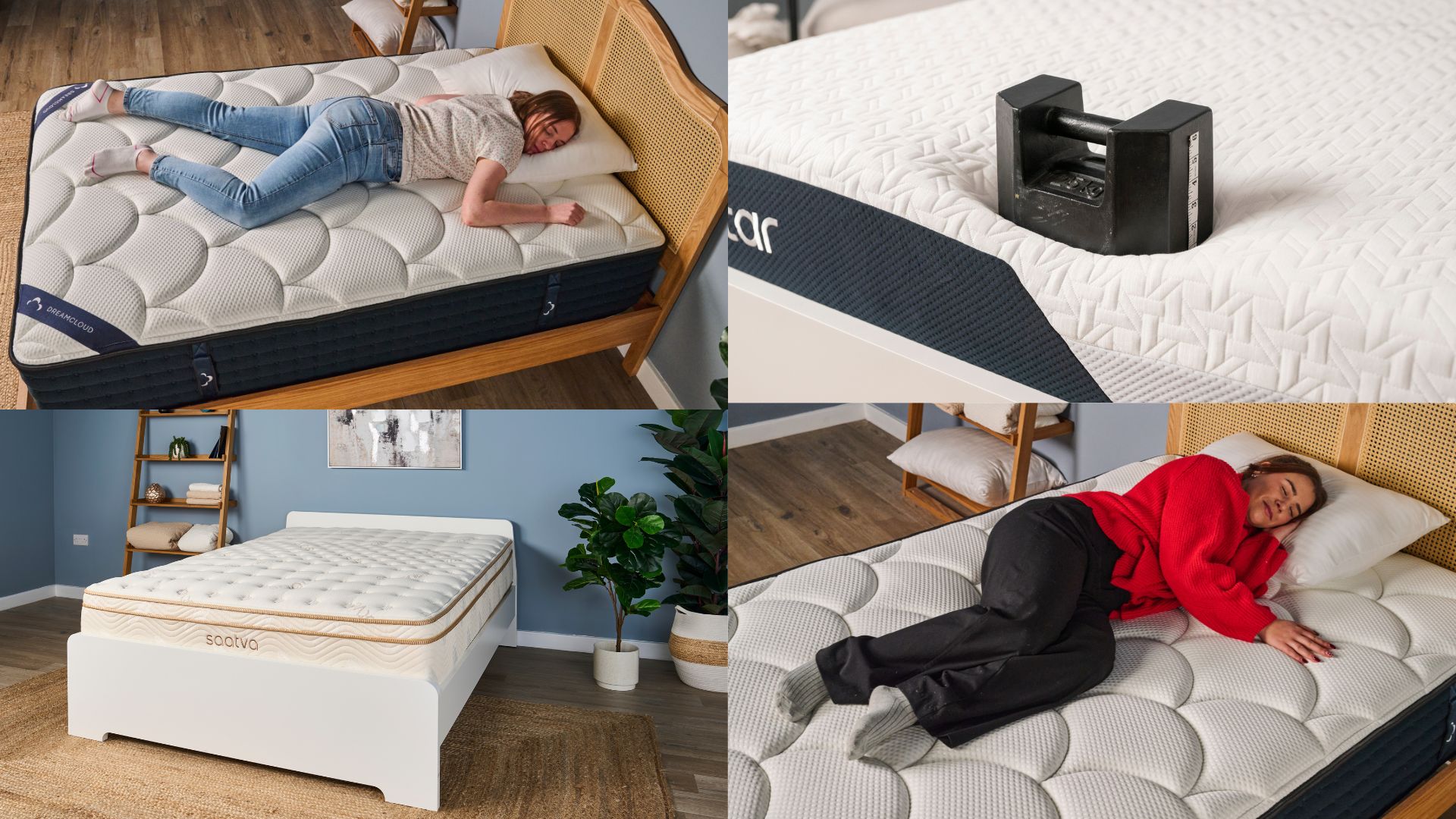 A collage of our medium-firm mattress testing process