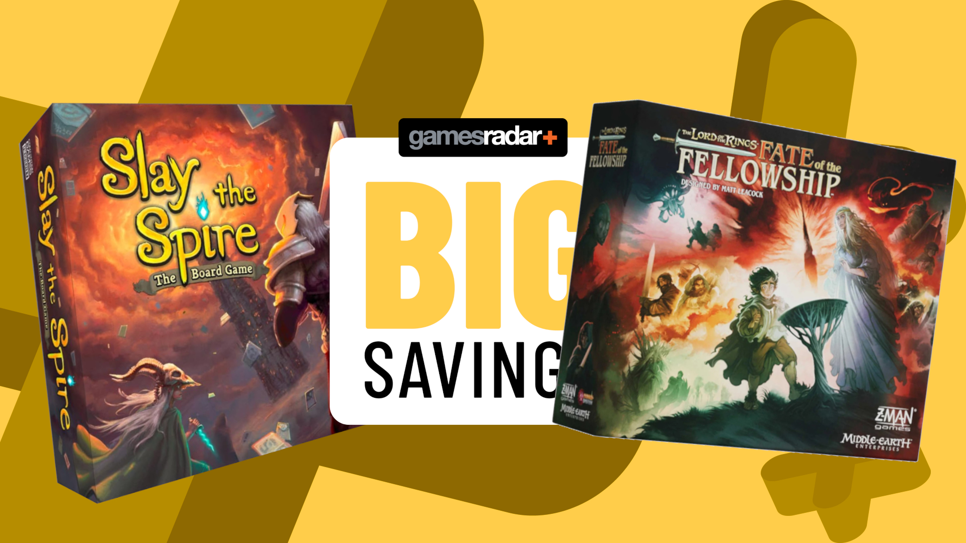 Slay the Spire and Fate of the Fellowship boxes on either side of a GamesRadar+ &#039;big savings&#039; badge against a yellow background with crosses