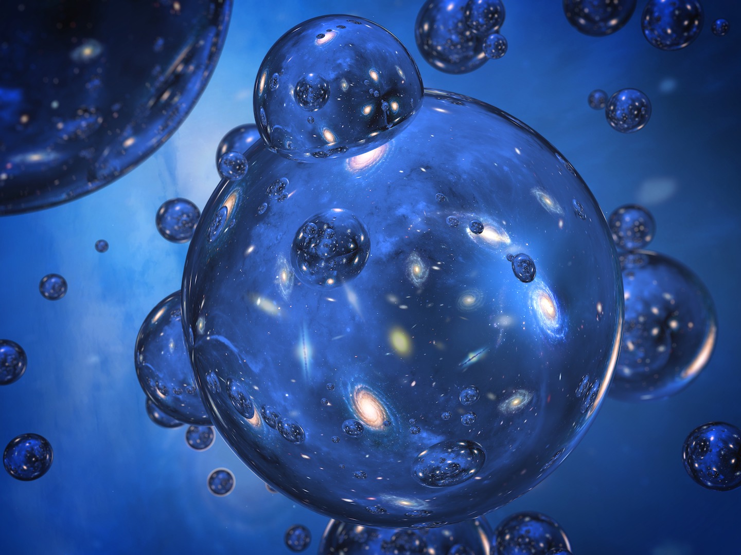 Artistic depiction of the multiverse: multiple universe "bubbles" with countless galaxies inside them.