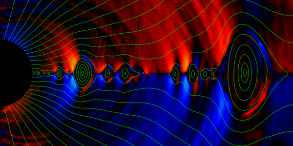 This visualization of a simulation of a black hole shows its magnetic field lines in green breaking and reconnecting with pockets of plasma (green circles in center).