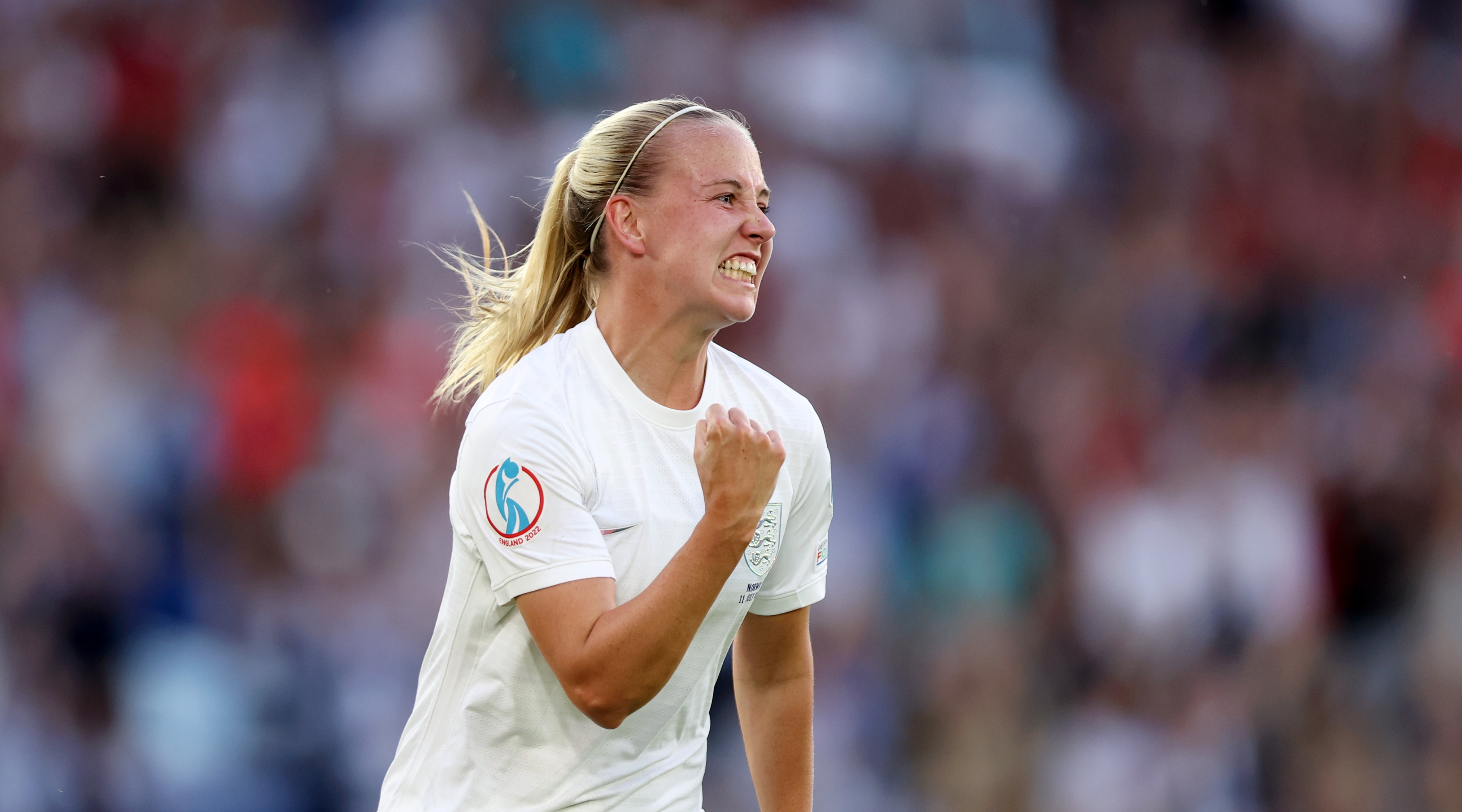 BRIGHTON, ENGLAND - JULY 11: Beth Mead of England celebrates after scoring her sides 5th goal during the UEFA Women's Euro England 2022 group A match between England and Norway at Brighton & Hove Community Stadium on July 11, 2022 in Brighton, England.