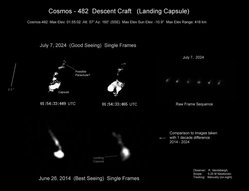 These images of Kosmos 482 in orbit, taken ten years apart, apear to show a faint structure trailing behind the craft.