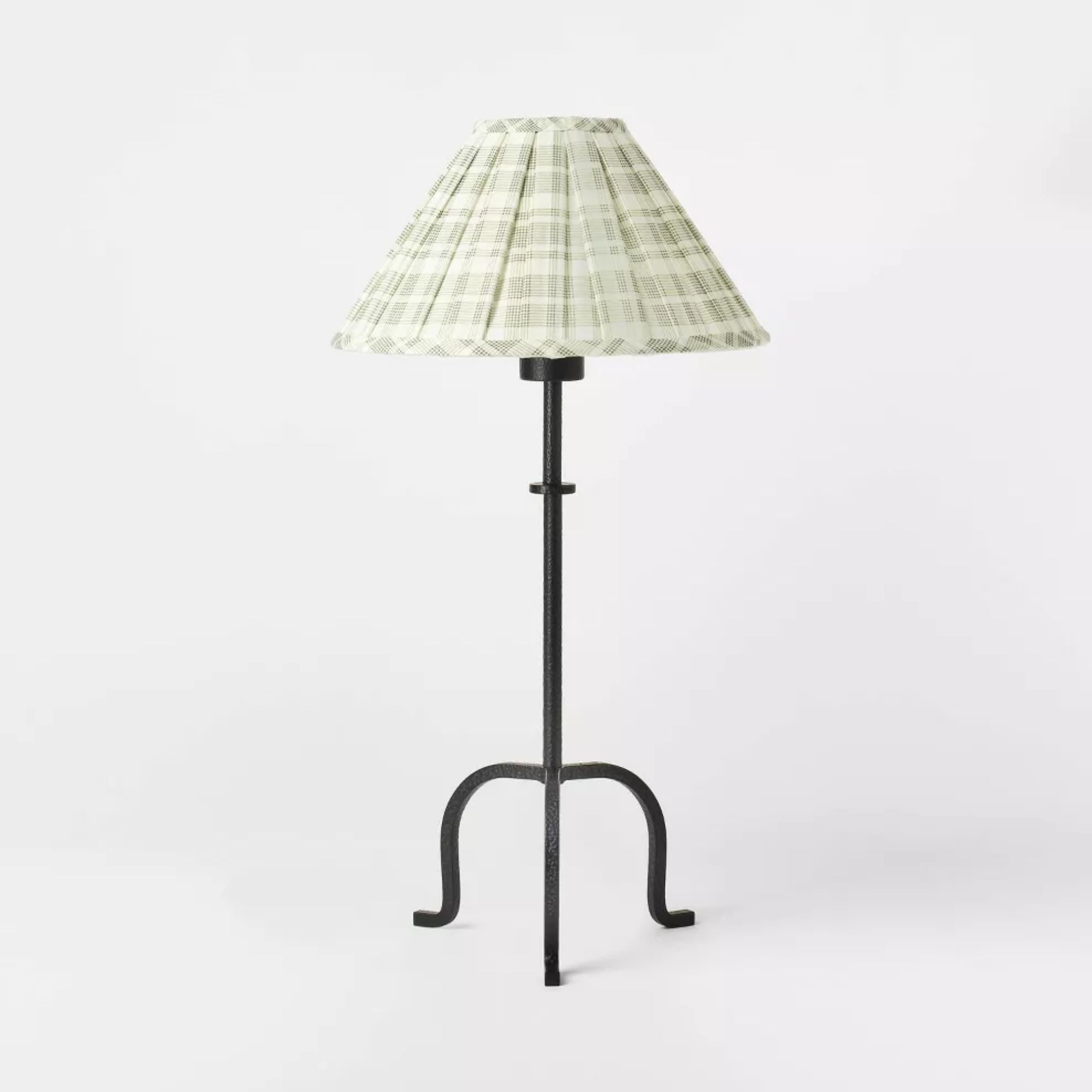 Metal Table Lamp with Green Pleated Plaid Shade 