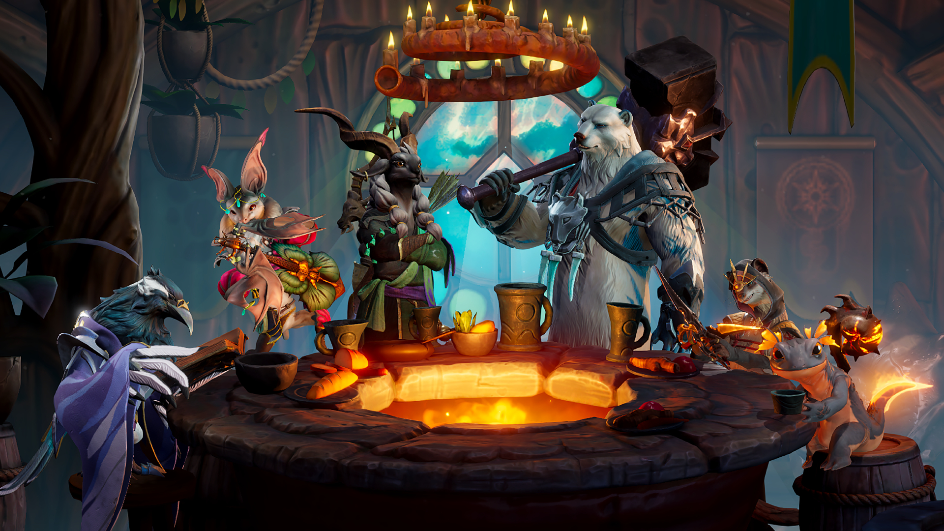 Sunderfolk&#039;s cast of six anthropomorphic animal hero characters gathered around a hearth.