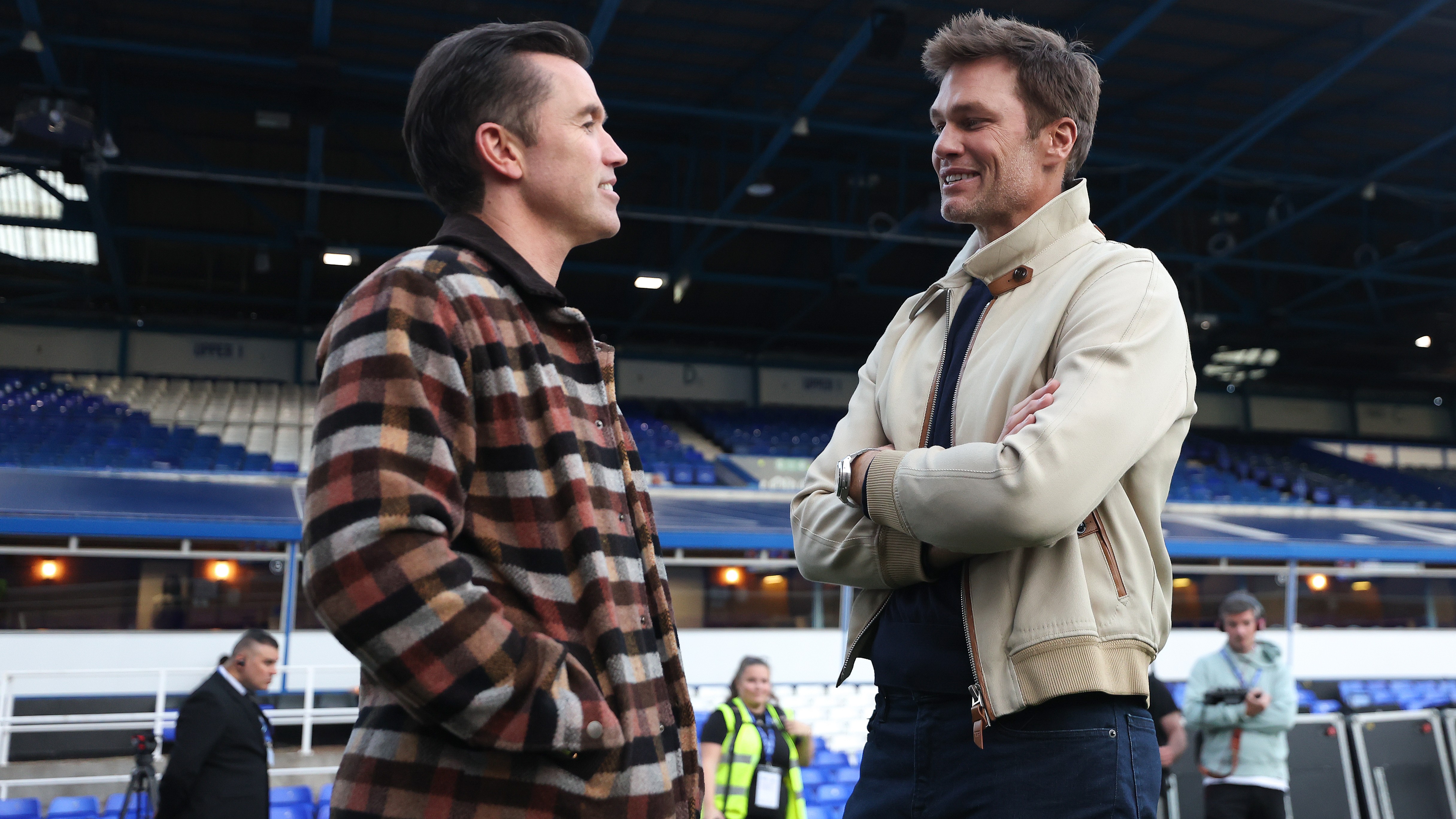 Rob McElhenney, co owner of Wrexham talks with Tom Brady co owner of Birmingham City ahead of the Sky Bet League One match between Birmingham City FC and Wrexham AFC at St Andrewís at Knighthead Park on September 16, 2024 in Birmingham, England. 