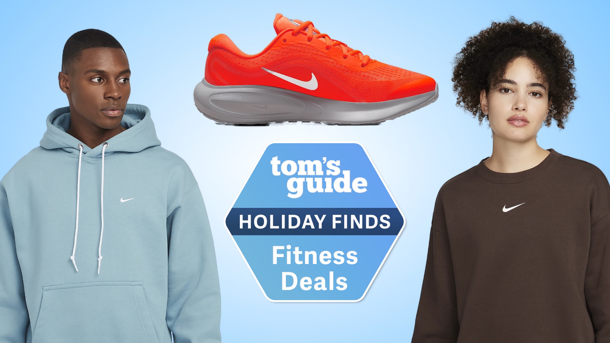 Man wearing Nike sweatshirt, the Nike Journey Run PRM shoes and woman wearing Nike sweatshirt