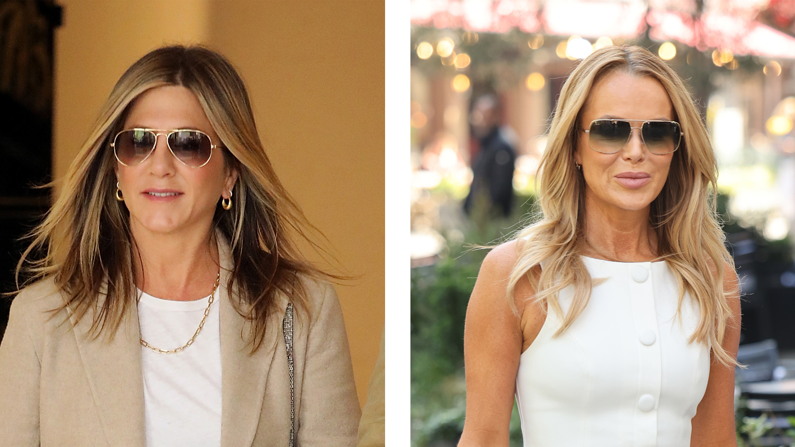 Composite image of Jennifer Aniston and Amanda Holden wearing aviator sunglasses