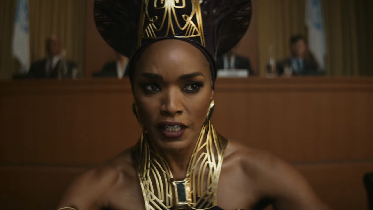 Angela Bassett's Queen Ramonda testifying in Black Panther 2
