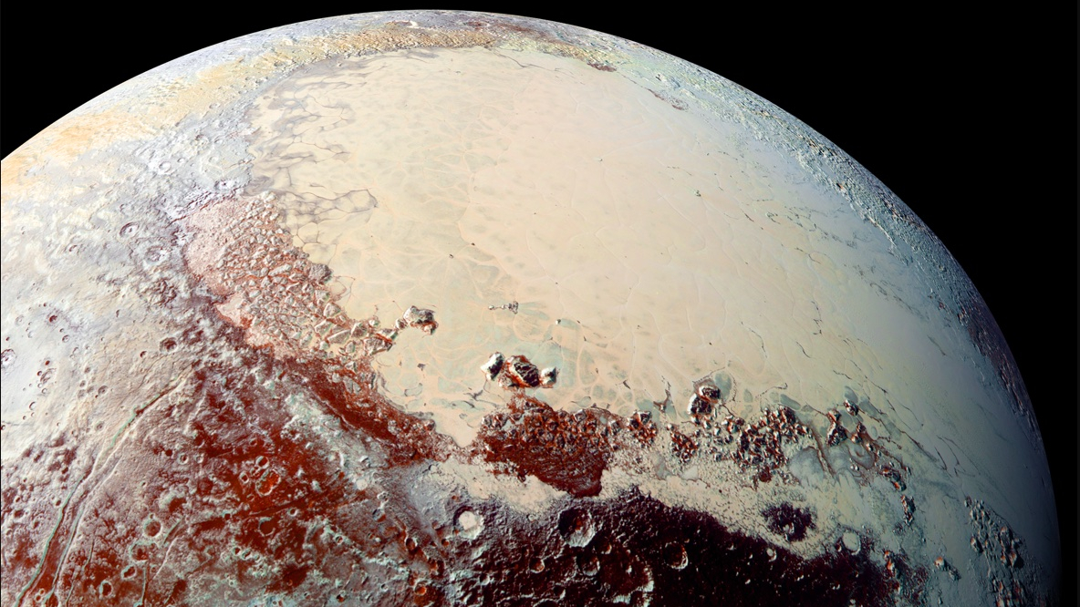 Pluto and its heart-shaped Sputnik Planitia as imaged by New Horizons spacecraft in 2015.