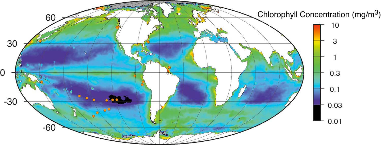 Satellite measurements of the nutrient content of the oceans. Dots mark places where seaborne measurements were taken. In the southern Pacific a vast area is found where nutrient contents were not existent.