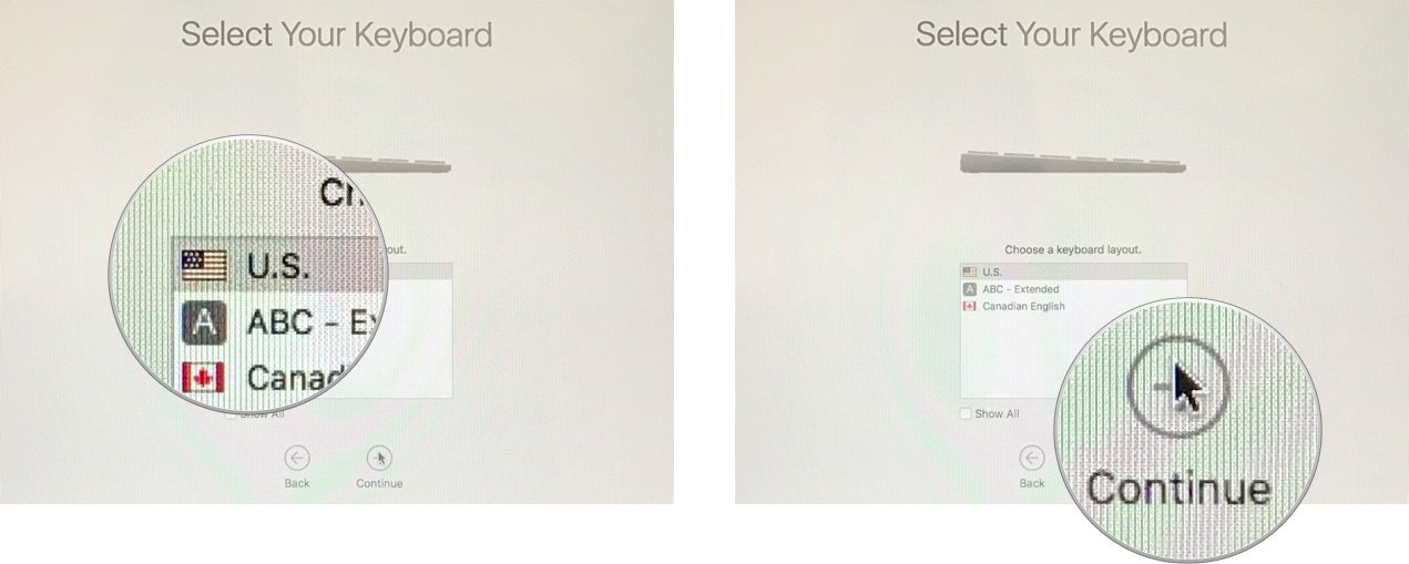 Set up your new Mac by showing: Select a keyboard language, then click continue