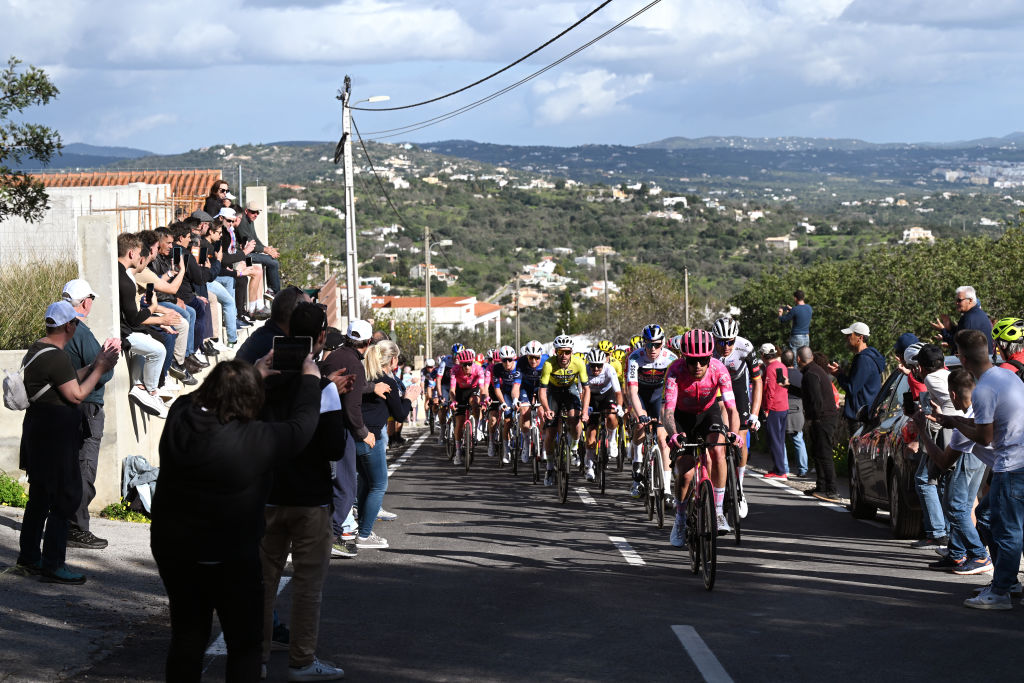 FARO PORTUGAL FEBRUARY 22 James Shaw of Great Britain and Team EF Education EasyPost leads the peloton climbing to Picota 315m during the 51st Volta ao Algarve em Bicicleta Stage 4 a 1752km stage from Albufeira to Faro on February 22 2025 in Faro Portugal Photo by Tim de WaeleGetty Images