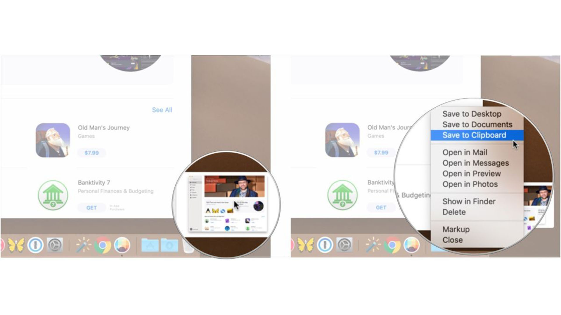 To take a screenshot on Mac, Control-click screenshot in bottom-right, use contextual menu