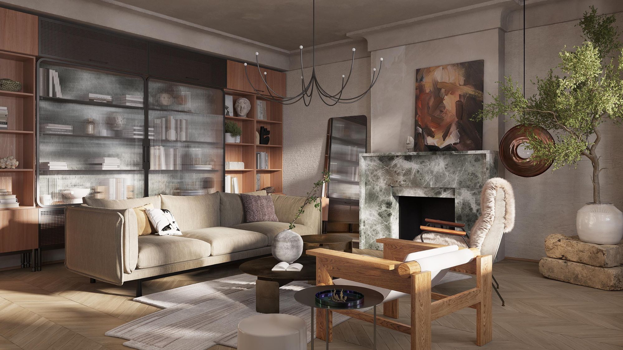 A modern spacious living room with seating around coffee table in front of fireplace and a whole wall of shelving storage