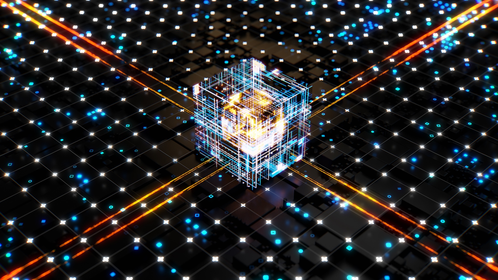 an abstract illustration with a futuristic cube in the middle and dots and lines of light around it