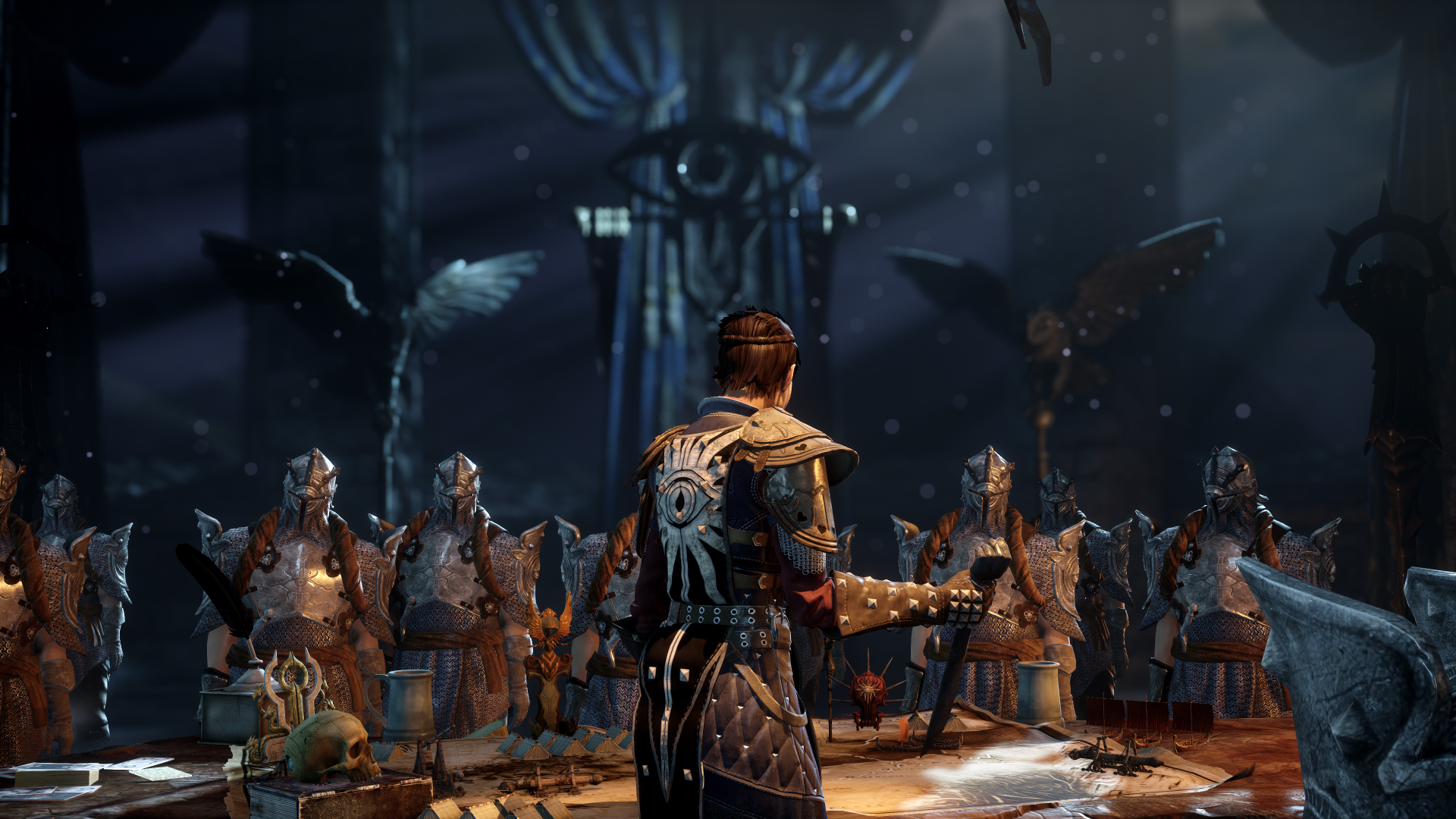 Dragon Age: Inquisition screenshot of men clad in armour facing a man with his back to the player