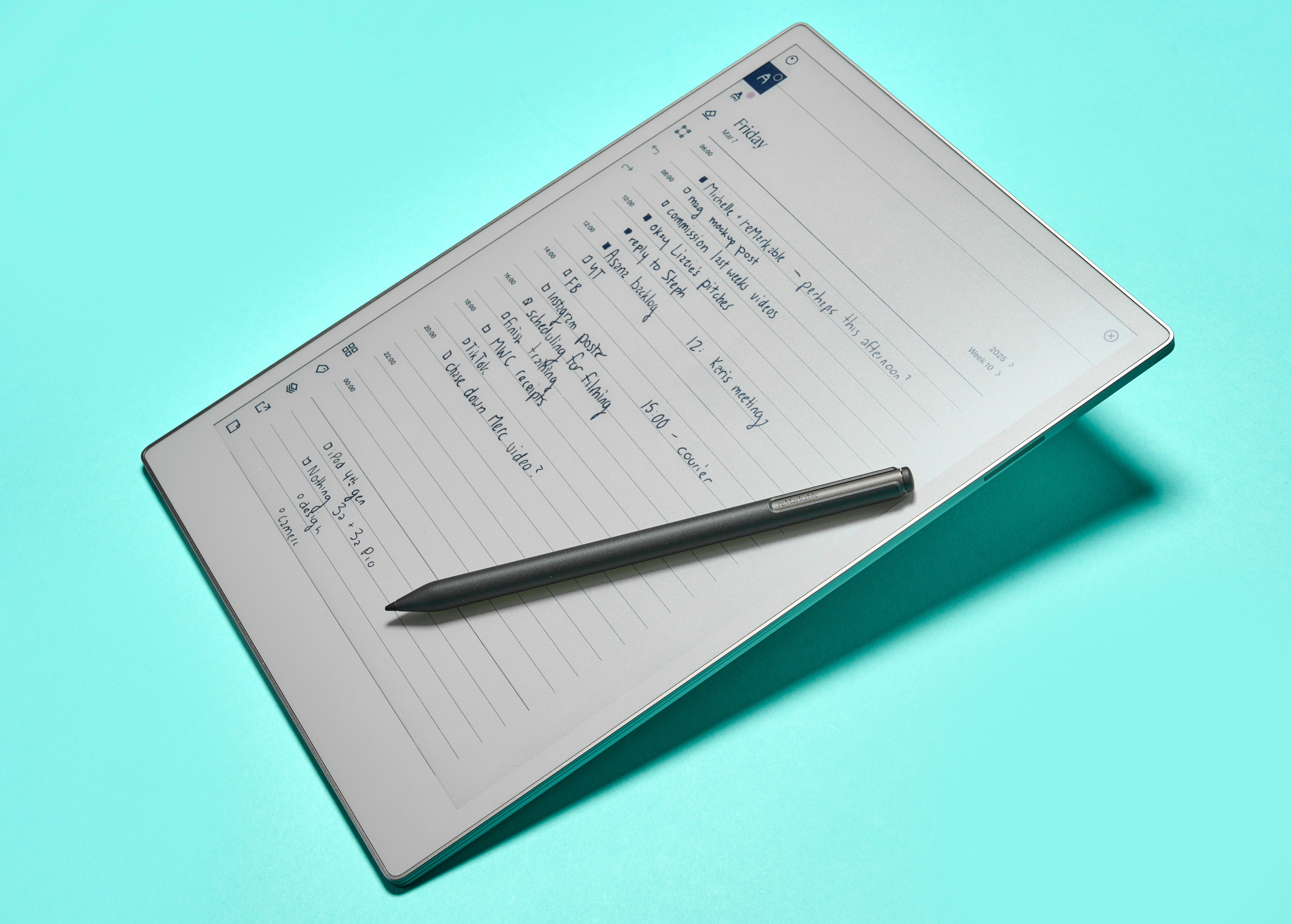 The reMarkable Paper Pro tablet with Marker Plus, screen open to a calendar with writing.