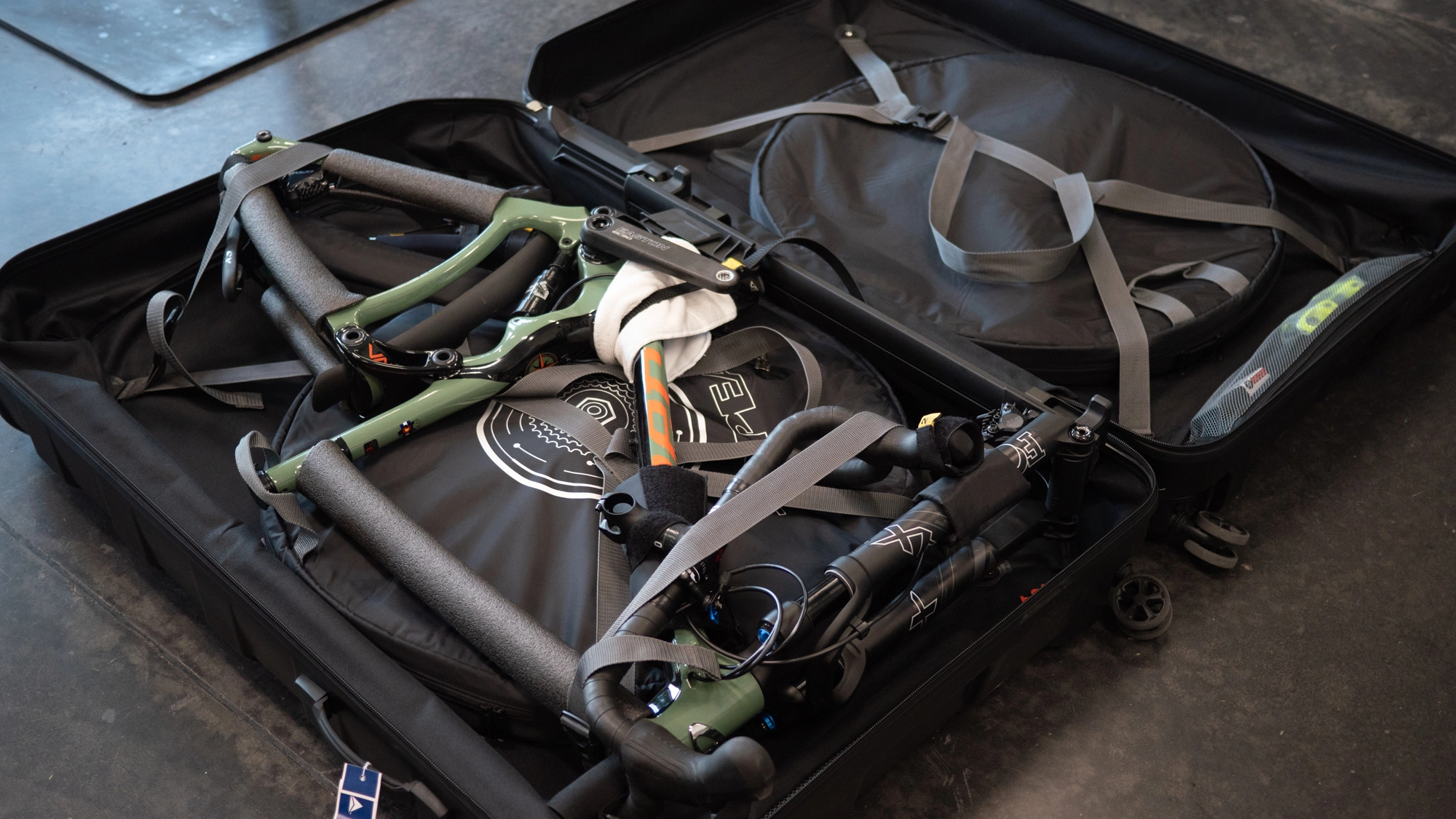 A bike packed into a bike box