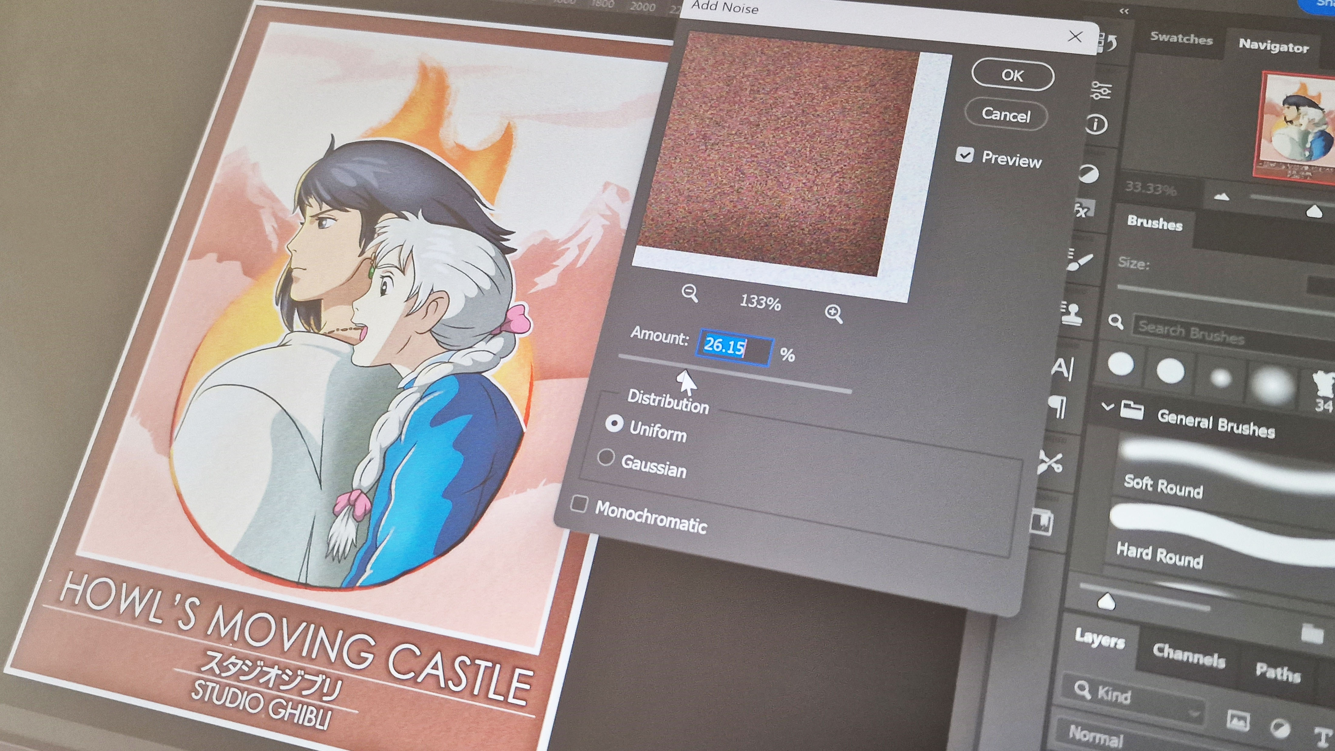A photo of the noise filter in Photoshop on a drawing tablet screen