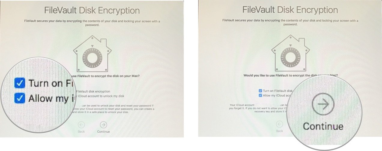 Set up your new Mac by showing: Tick the box for sync FileVault, then tick the box for Allow Apple ID to unlock FileVault, then click Continue