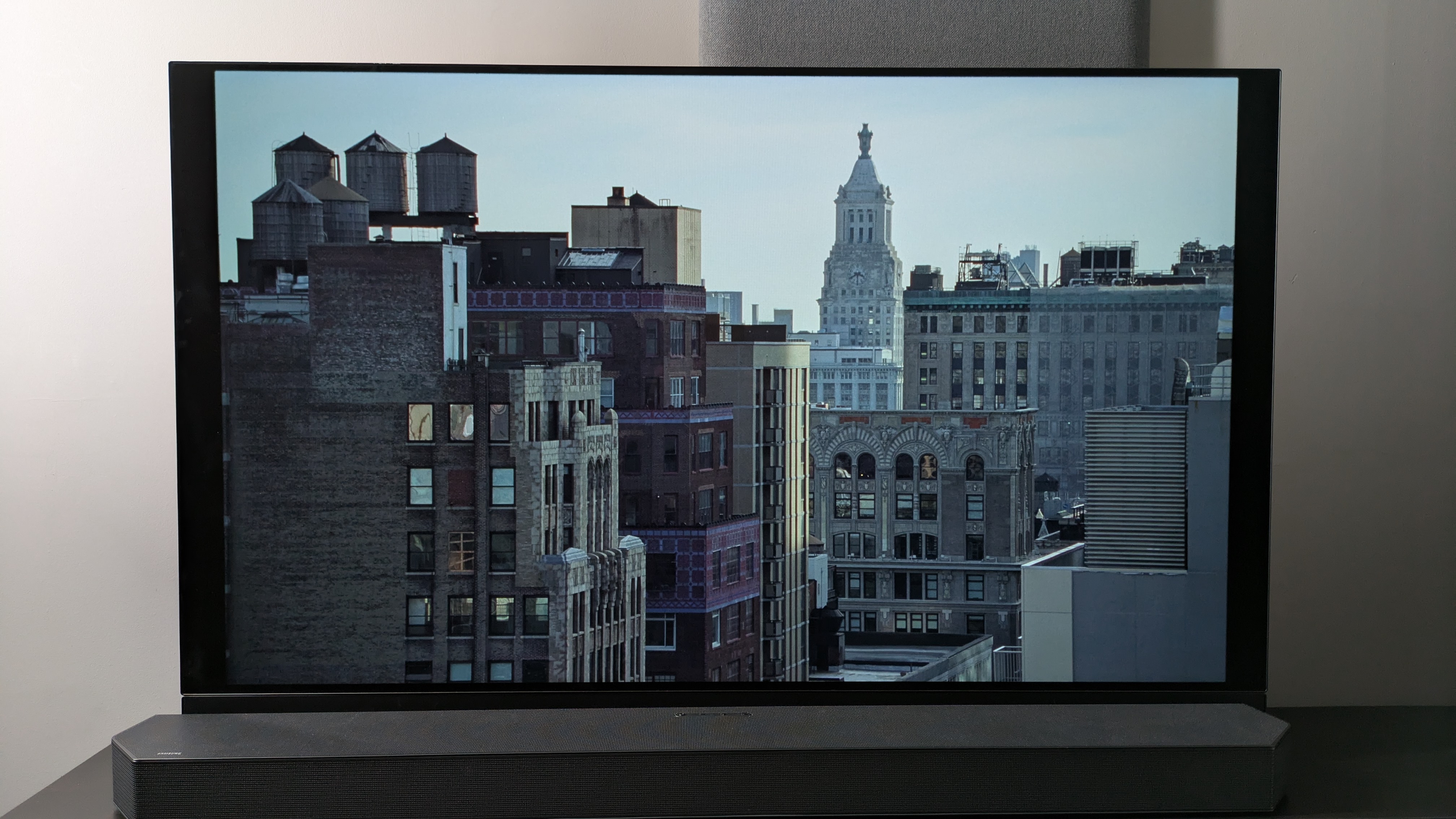 Panasonic OLED showing New York City skyline and buildings from The Brutalist 4K Blu-ray