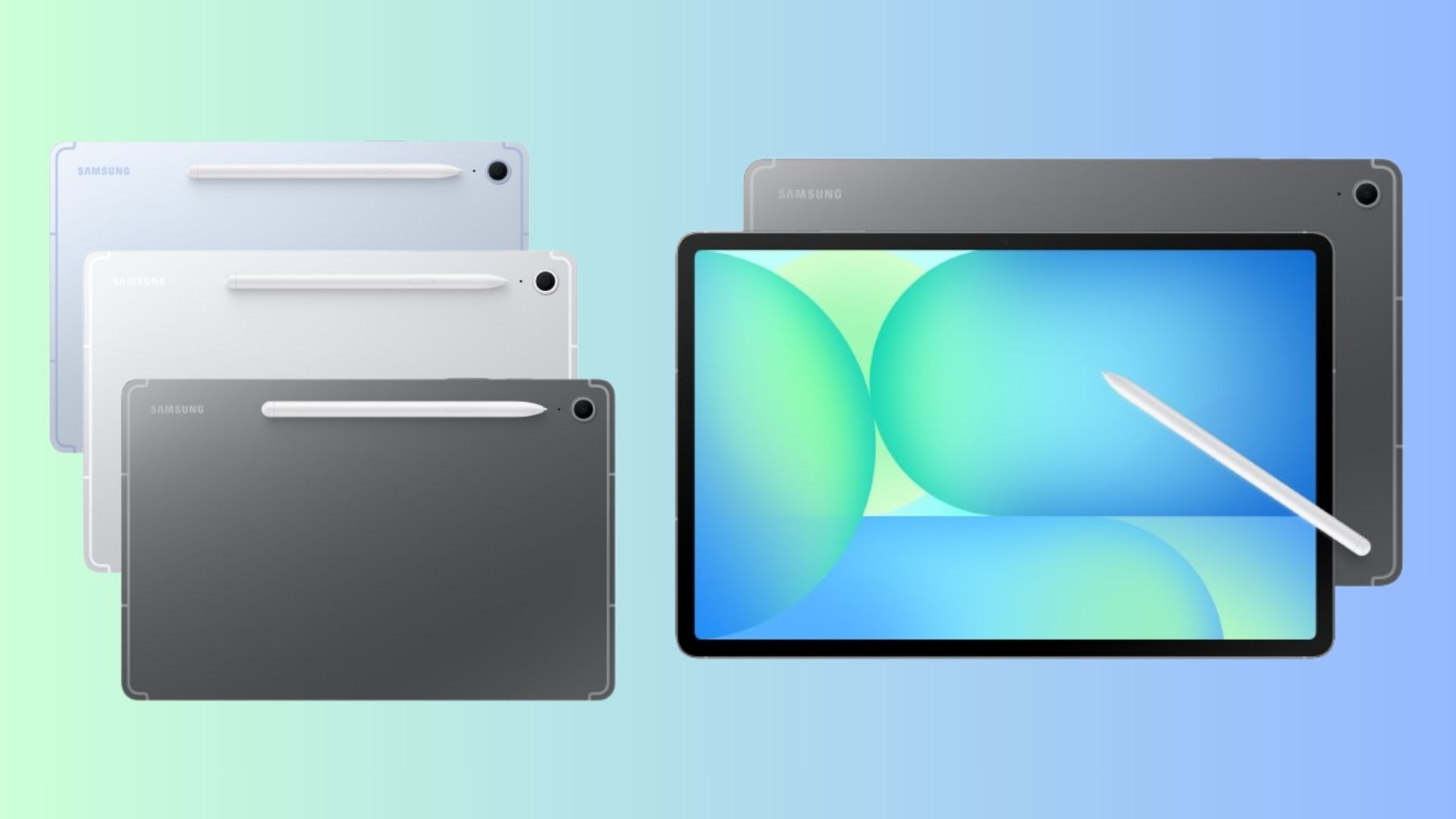 Samsung Galaxy S10 FE on colored background showing three different color models and front of tablet