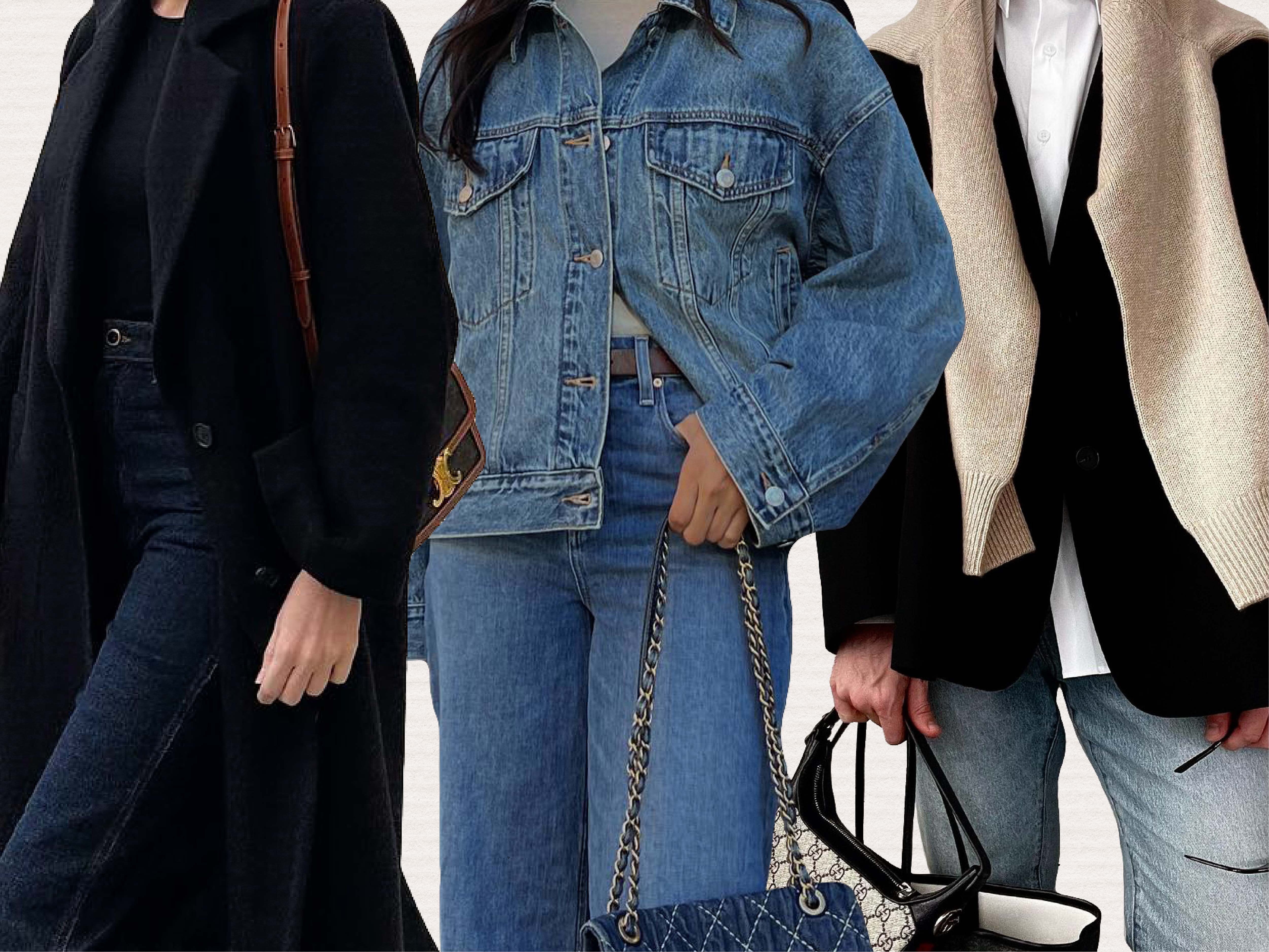 A collage of three people wearing jeans outfits.