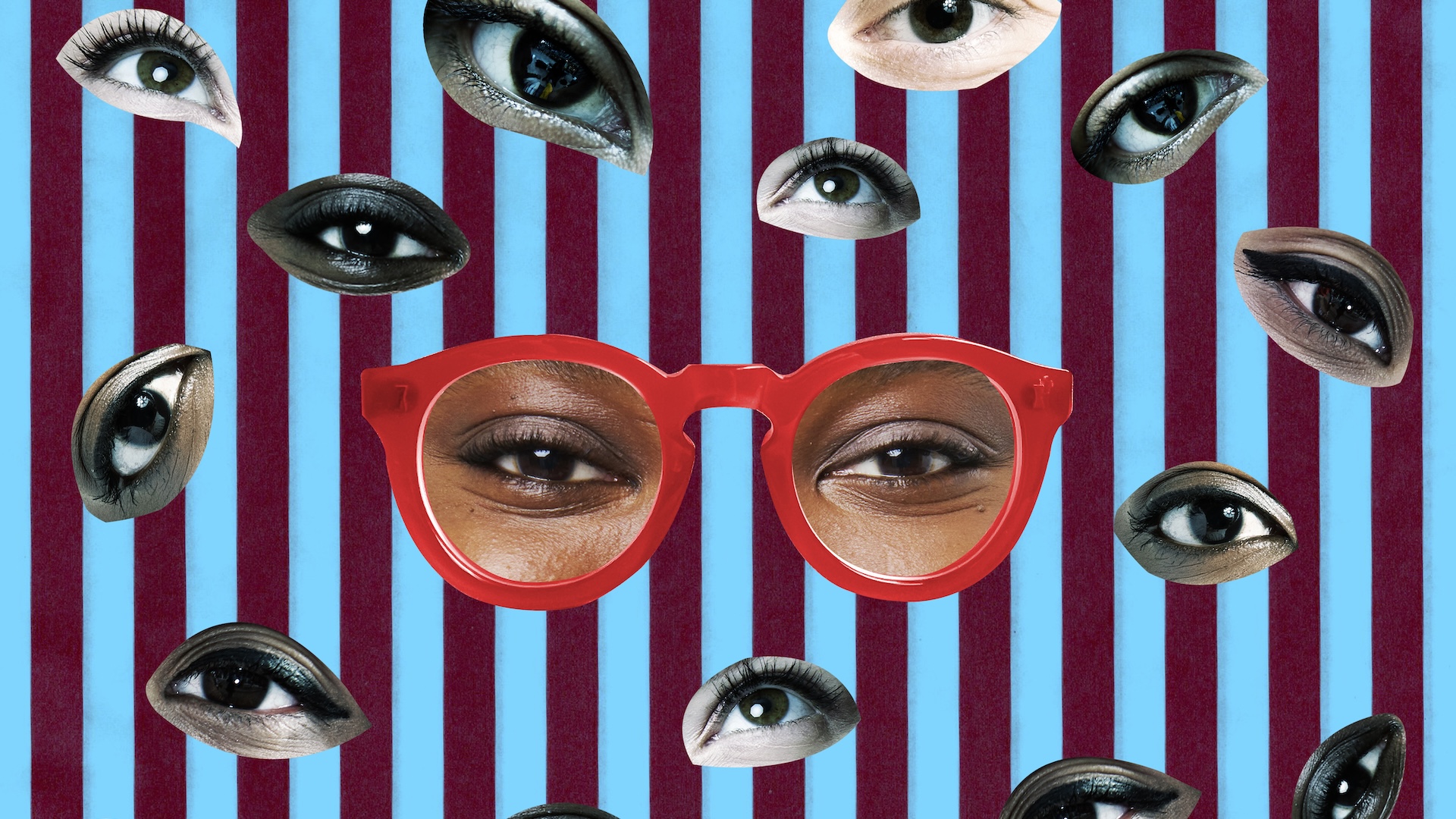 A collage-style illustration showing many different eyes against a striped background