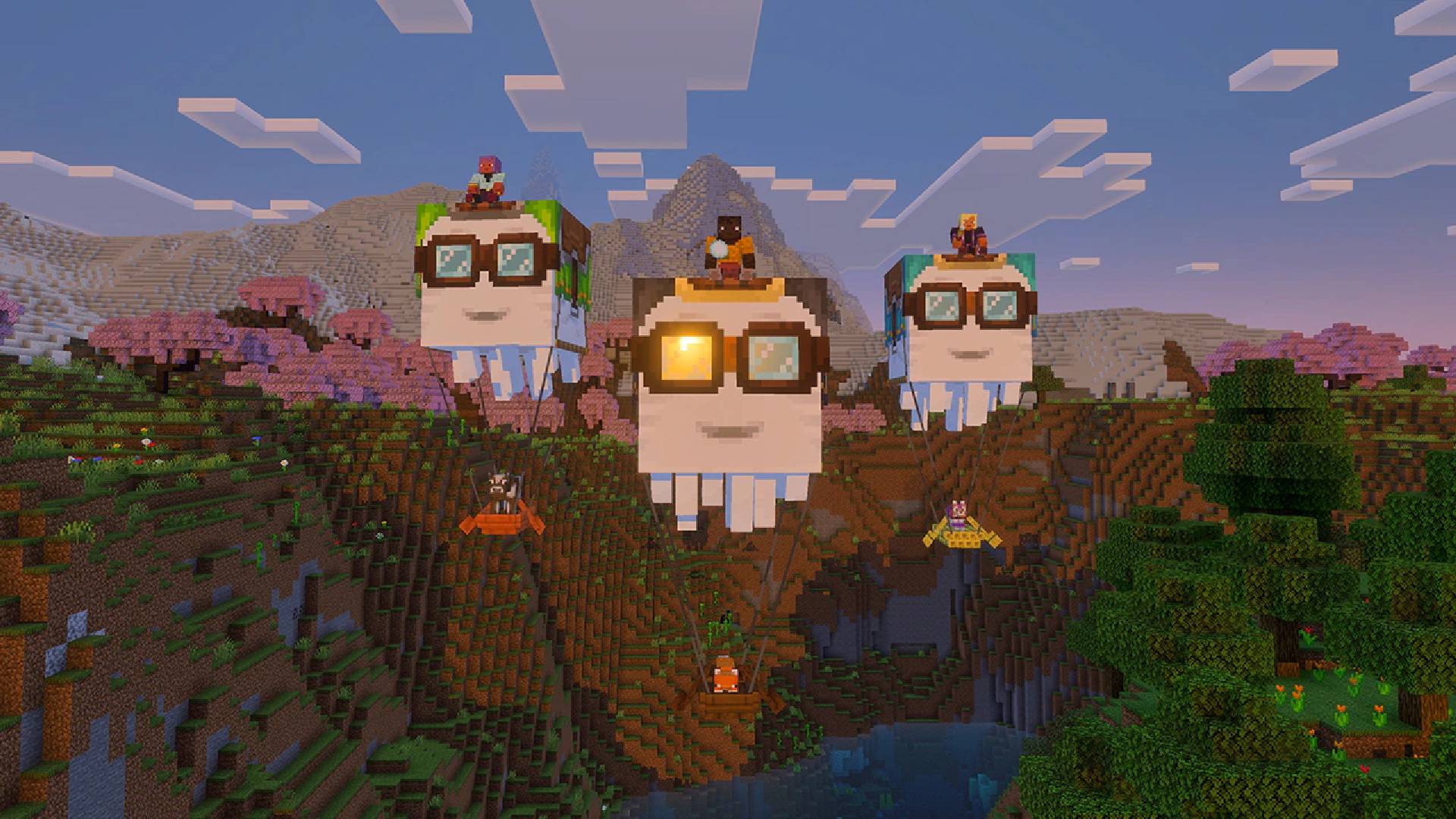 Chase the Skies Minecraft screenshots featuring players on top of a Happy Ghast and a player with a ghastling