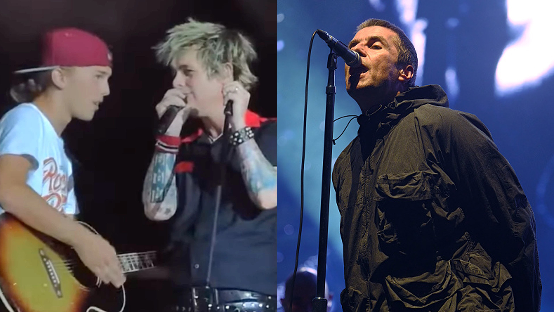 LEFT: Green Day&#039;s Bilie Joe Armstrong onstage with fan who performed &quot;Wonderwall&quot; June 30, 2025; RIGHT: Liam Gallagher performs on stage on day three of Sziget Festival 2024 on Óbuda Island on August 9, 2024 in Budapest, Hungary. 