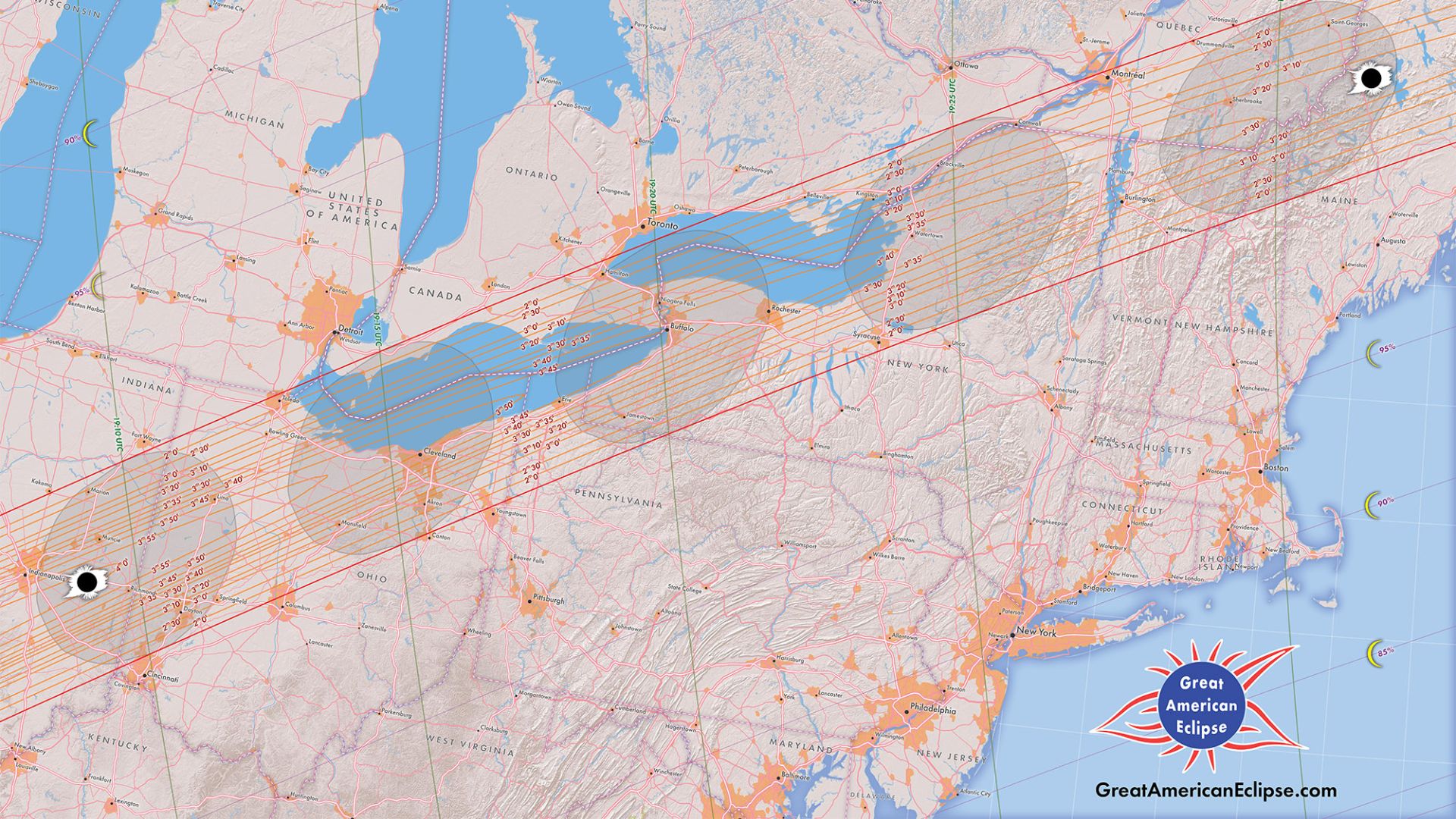 A map showing the path of totality across a portion of North America.