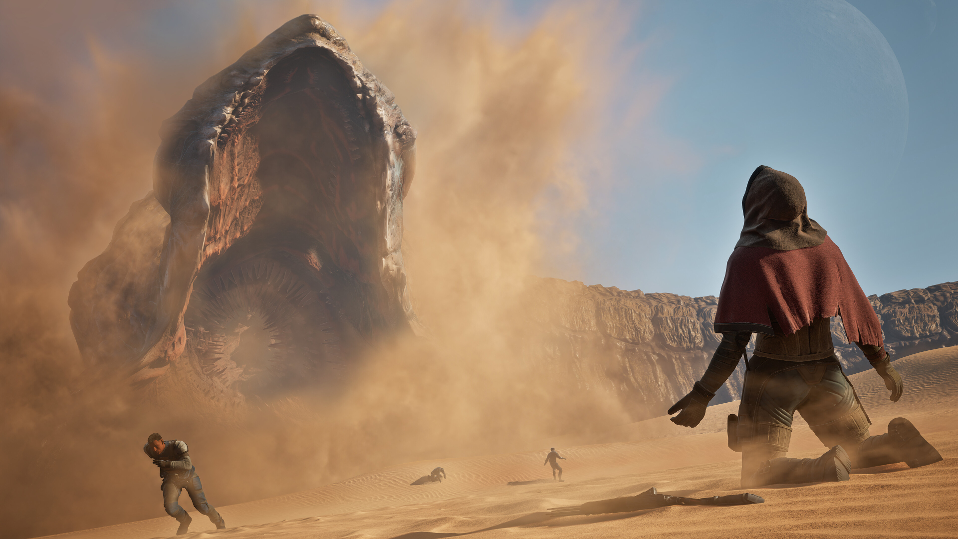 Dune: Awakening Twitch Drops - A sandworm emerging from the sand as people run away and someone falls on their knees. 