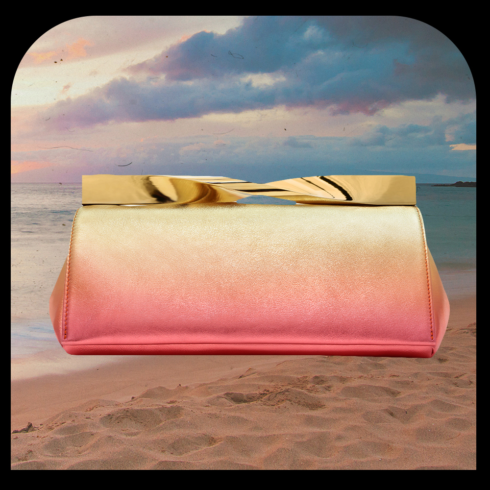 Graphic of Fashion Test Drive franchise featuring Aquazzura's Twist Clutch on a beach background.